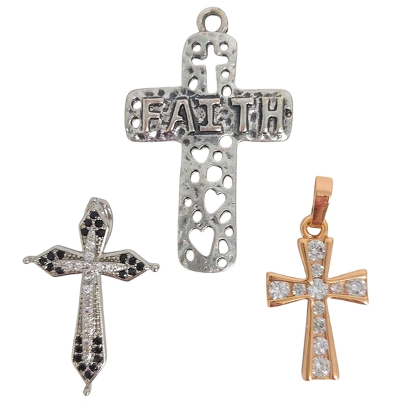 Christian Cross Rhinestone Black Silver Gold Pendants for Necklaces (Set of 3) - Picture 1 of 4